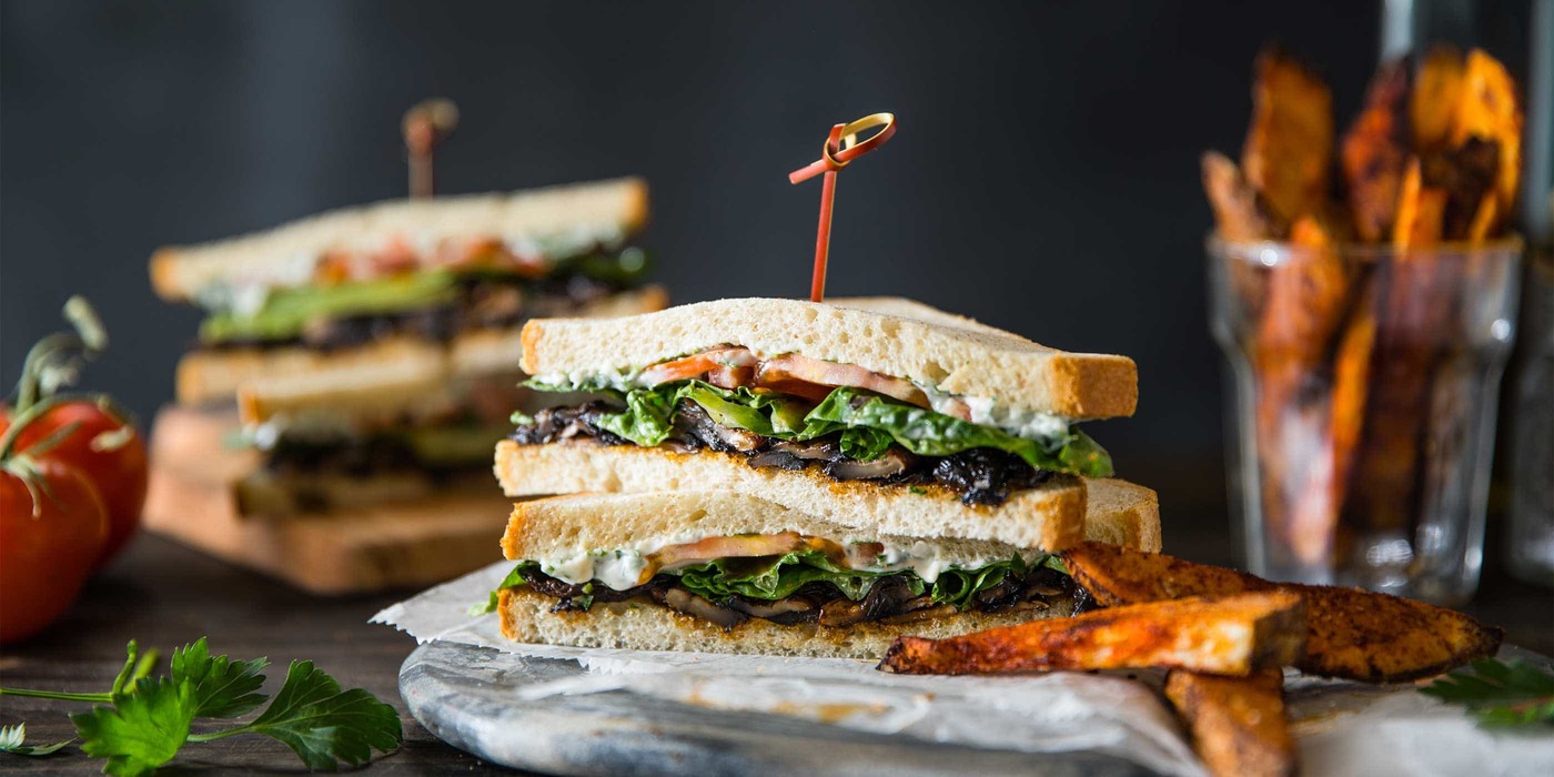 Portobello Mushroom BLT with Herb Mayo and Zesty Steak Fries