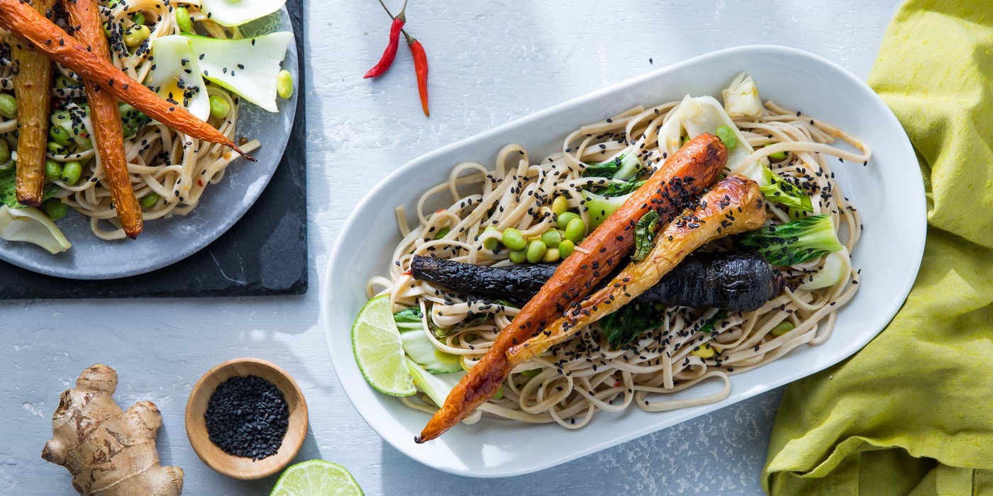 Whole Roasted Carrots with Ginger Lime Udon and Bok Choy