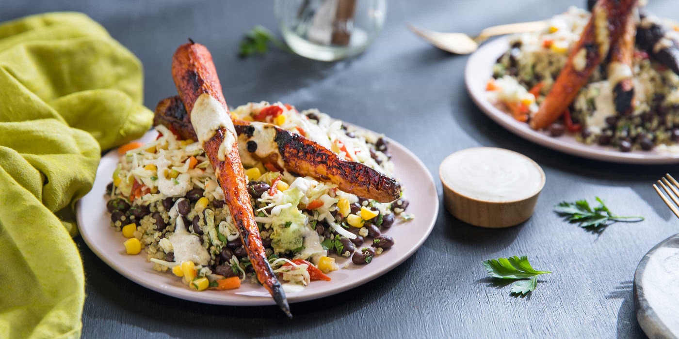 Chipotle-Roasted Carrots with Confetti Quinoa Salad, Black Beans, and Cumin Yogurt