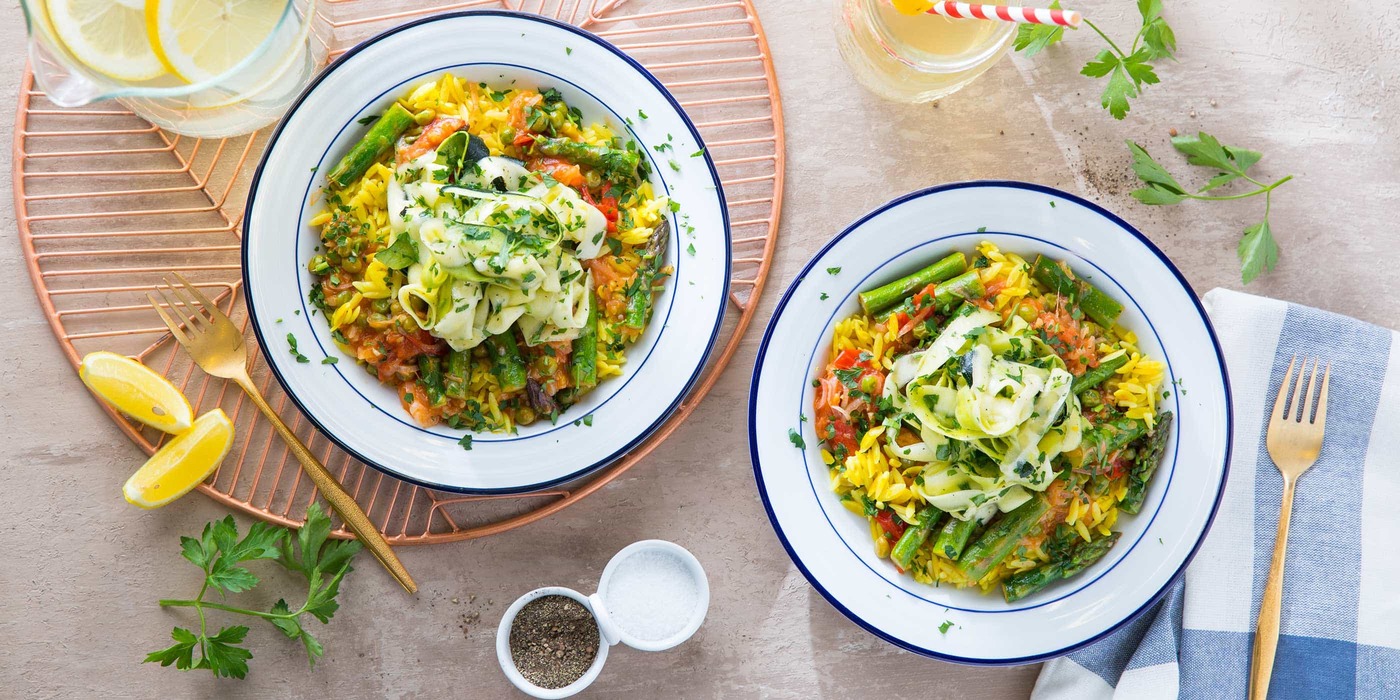 Lemon Garlic Orzo with Spring Vegetables and Tomato Beurre Blanc