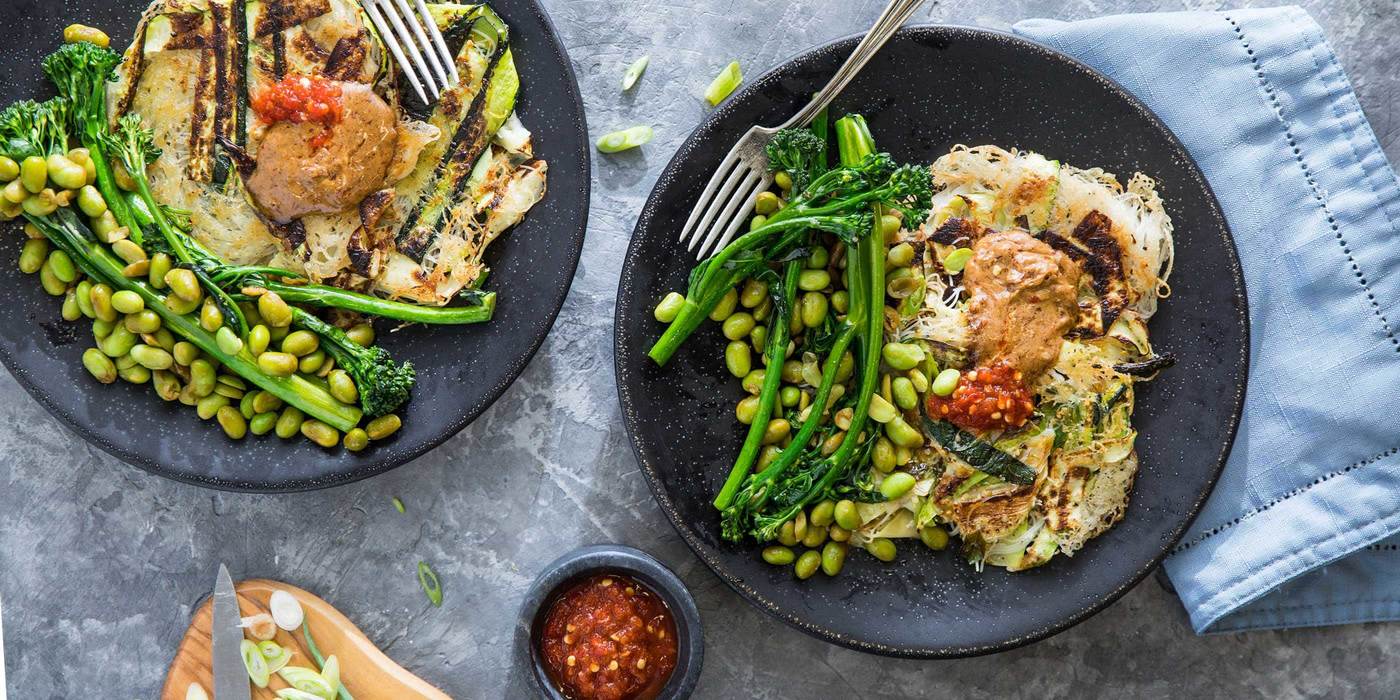 Scallion Zucchini Noodle Cake with Tamarind Butter and Broccolini