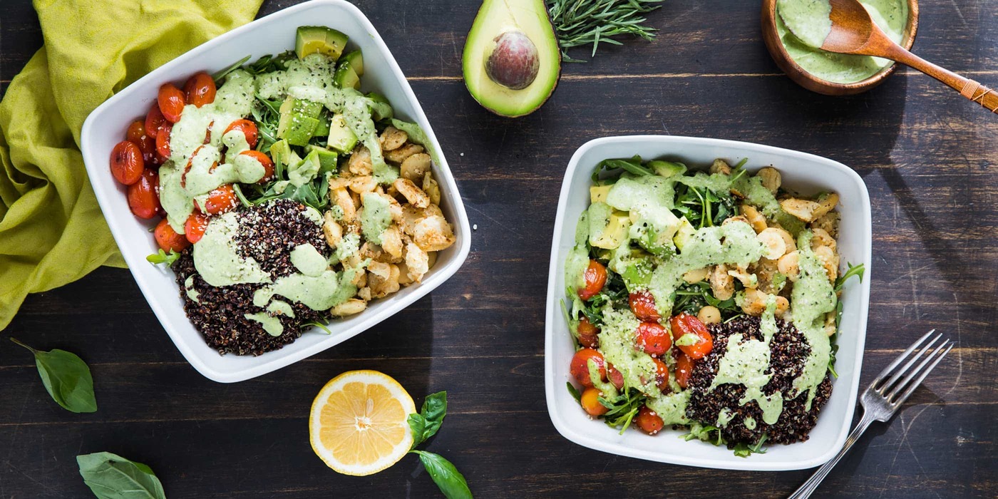 Green Goddess Bowl with Crispy Butter Beans and Black Quinoa