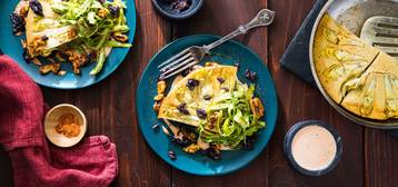 Artichoke Tortilla Española with Piri Piri Aioli and Shaved Asparagus Salad