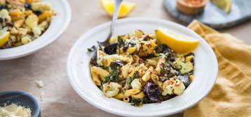 Penne Aglio Olio with Red Kale and Roasted Cauliflower