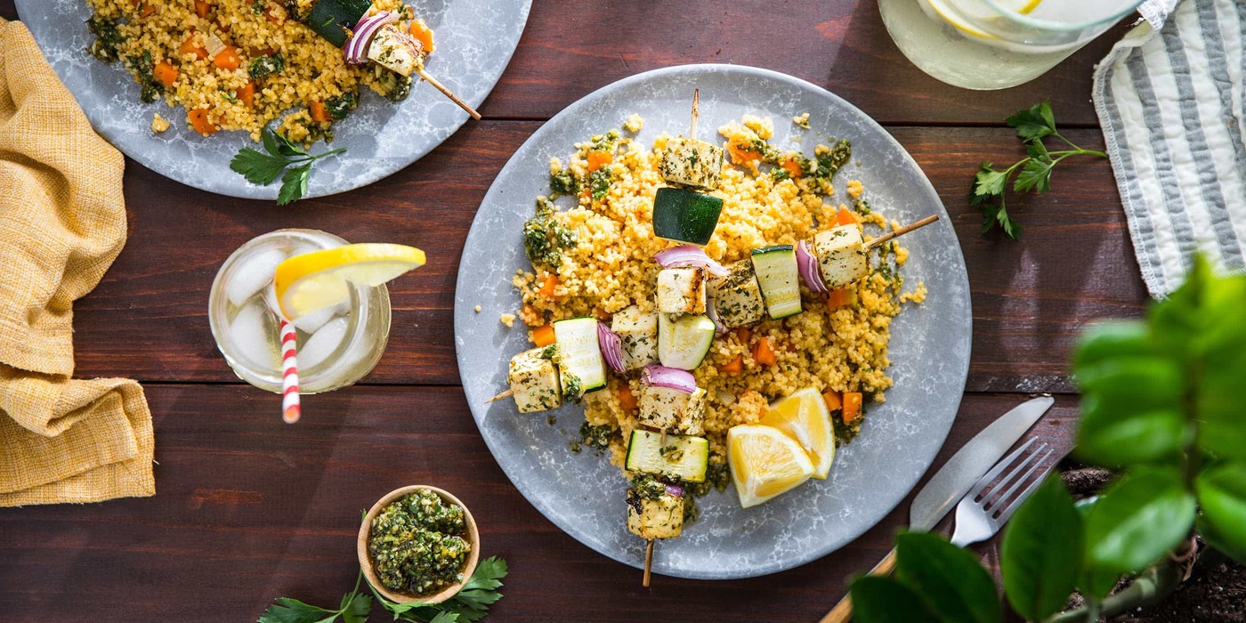 Herb Marinated Tofu Kebabs with Millet Pilaf Herb Marinated Tofu Kebabs with Millet Pilaf