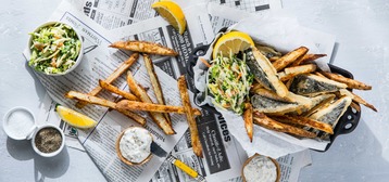 Vegan "Fish" and Chips with Classic Tartar Sauce and Coleslaw