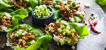Mongolian Seitan Lettuce Cups with Sticky Rice and Pine Nuts