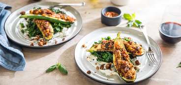 Italian Stuffed Zucchini with Herb "Sausage" and Basil Crema