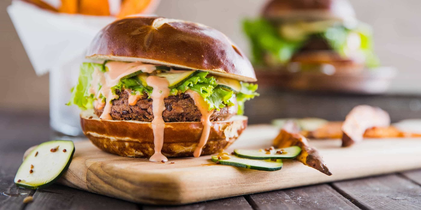 Black Bean Burgers with Zucchini Pickles and Pretzel Buns