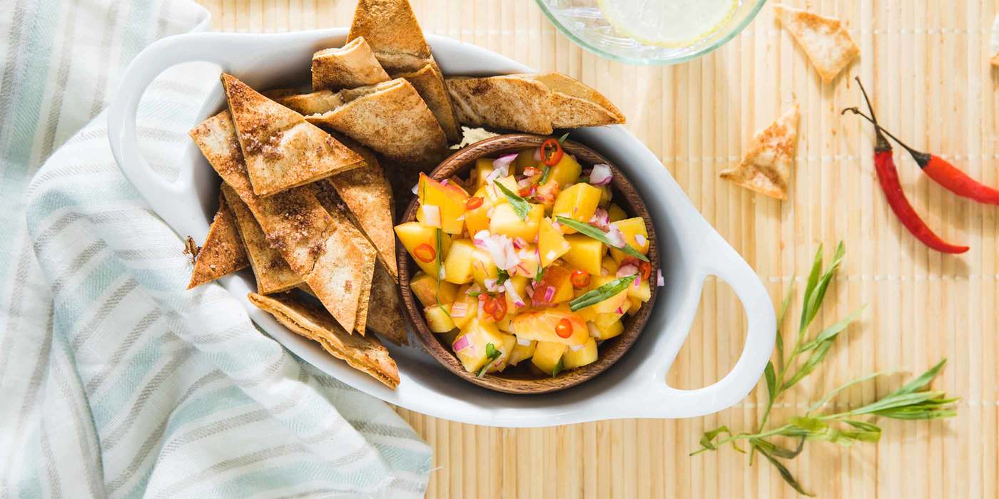 Cinnamon Sugar Pita Chips with Peach Salsa Cinnamon Sugar Pita Chips with Peach Salsa