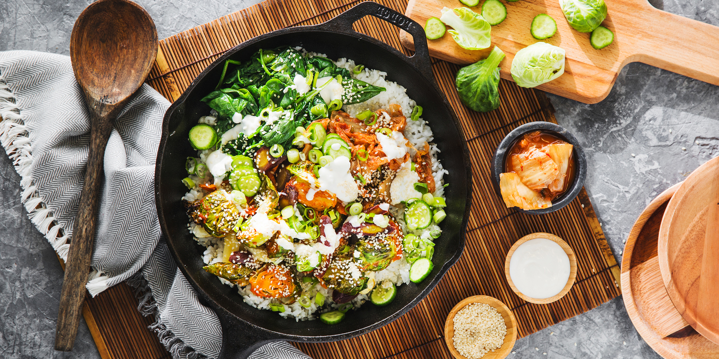 Autumn BiBimBap with Gochujang Brussels Sprouts & Sesame Aioli Autumn BiBimBap with Gochujang Brussels Sprouts & Sesame Aioli