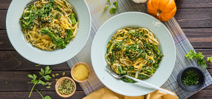 Pumpkin Alfredo with Seared Broccolini & Toasted Pepitas