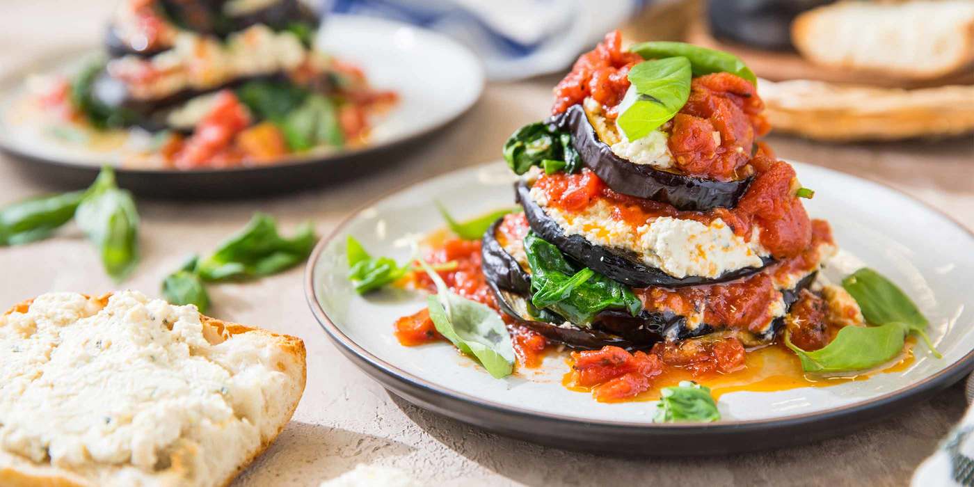 Eggplant Florentine with Fire Roasted Tomato Sauce & Toasted Ciabatta Eggplant Florentine with Fire Roasted Tomato Sauce & Toasted Ciabatta