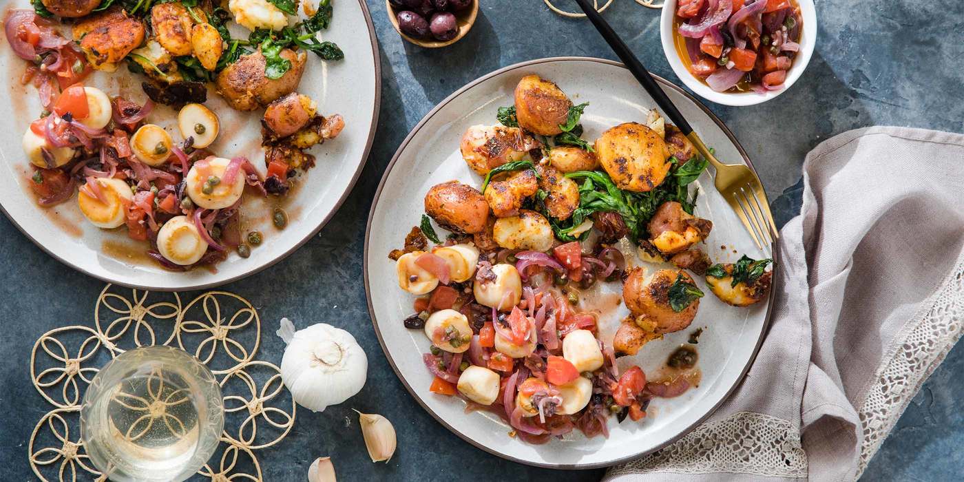 "Scallops" Veracruz with Smashed Paprika Potatoes & Spinach "Scallops" Veracruz with Smashed Paprika Potatoes & Spinach