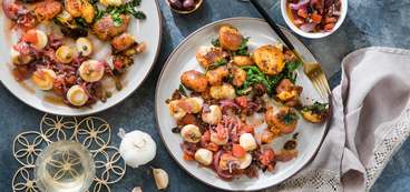 "Scallops" Veracruz with Smashed Paprika Potatoes & Spinach