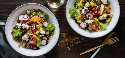 Roasted Roots Salad with Spicy Pumpkin Seeds & Orange Vinaigrette
