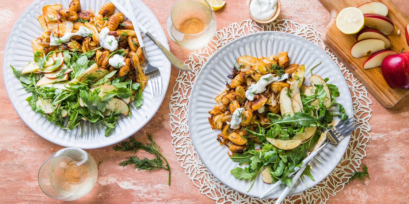 Gnocchi with Dilly-Fried Cabbage & Apple Arugula Salad Gnocchi with Dilly-Fried Cabbage & Apple Arugula Salad