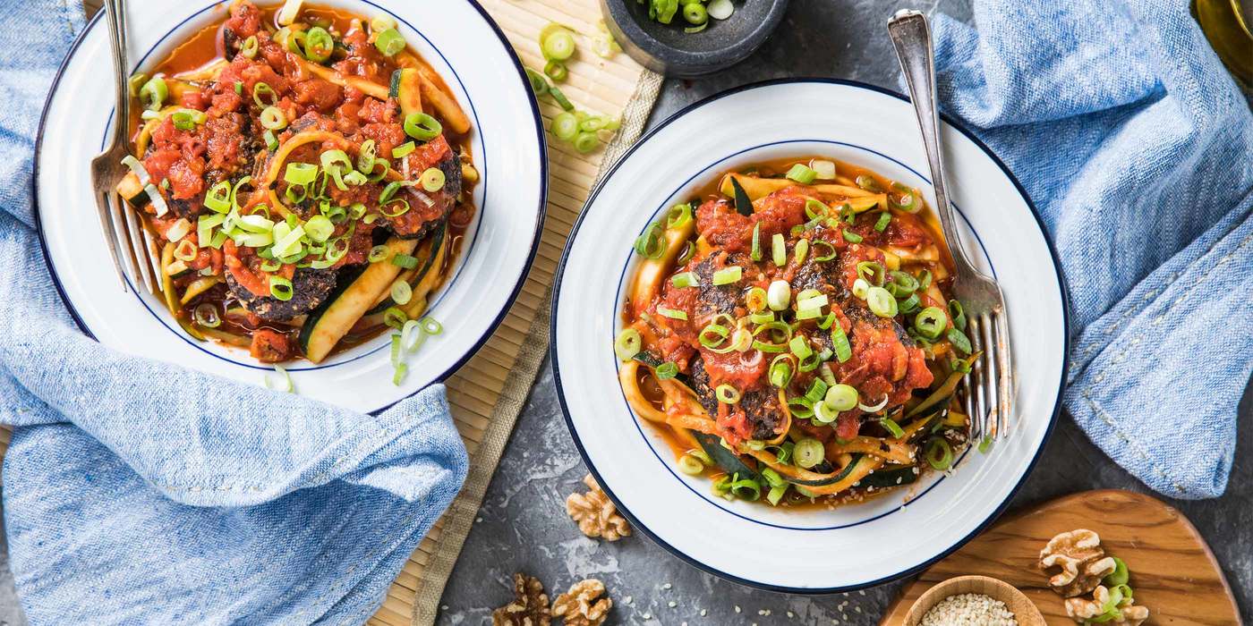 Miso-Chili “Meatballs” with Zucchini Noodles & Sesame Tomato Sauce Miso-Chili “Meatballs” with Zucchini Noodles & Sesame Tomato Sauce