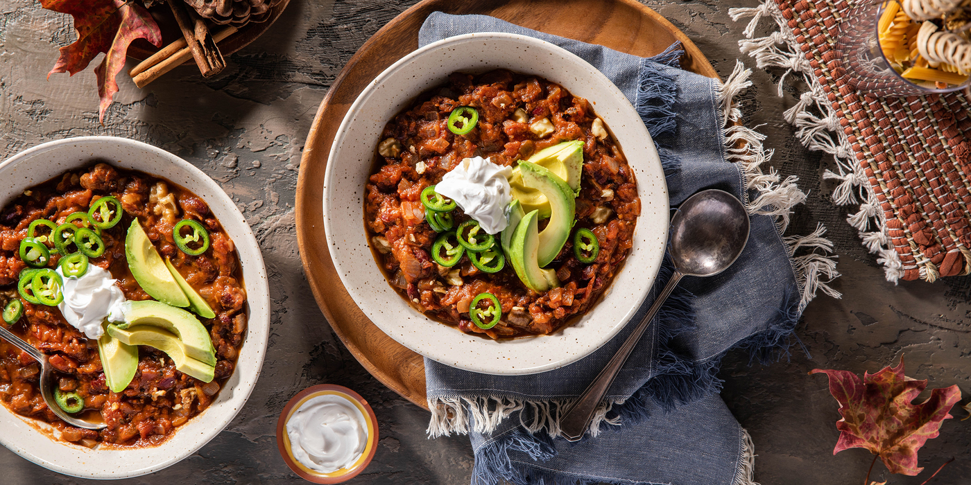 Pumpkin Walnut Chili with Avocado & Sour Cream Pumpkin Walnut Chili with Avocado & Sour Cream