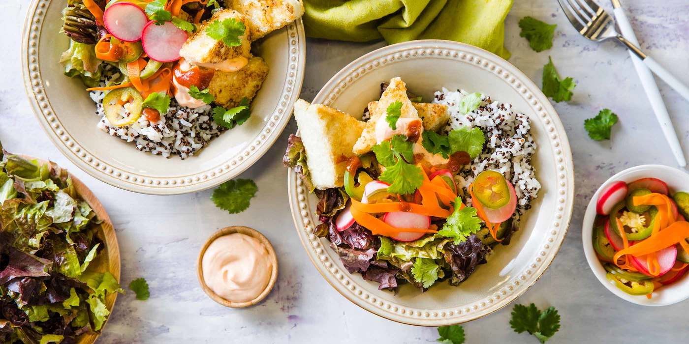 Vietnamese Tofu Bowl with Quinoa Speckled Rice & Quick Pickles Vietnamese Tofu Bowl with Quinoa Speckled Rice & Quick Pickles