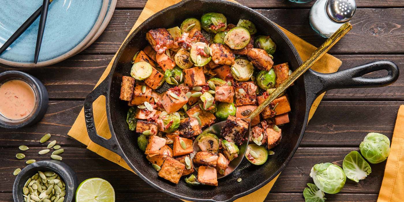 Tempeh Brussels Sprouts Hash with Sweet Potatoes & Maple Chipotle Cream Tempeh Brussels Sprouts Hash with Sweet Potatoes & Maple Chipotle Cream