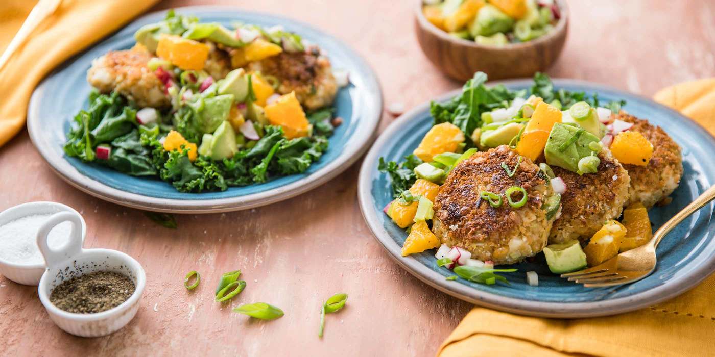 Fabcakes with Sauteed Greens & Avocado Citrus Salad Fabcakes with Sauteed Greens & Avocado Citrus Salad
