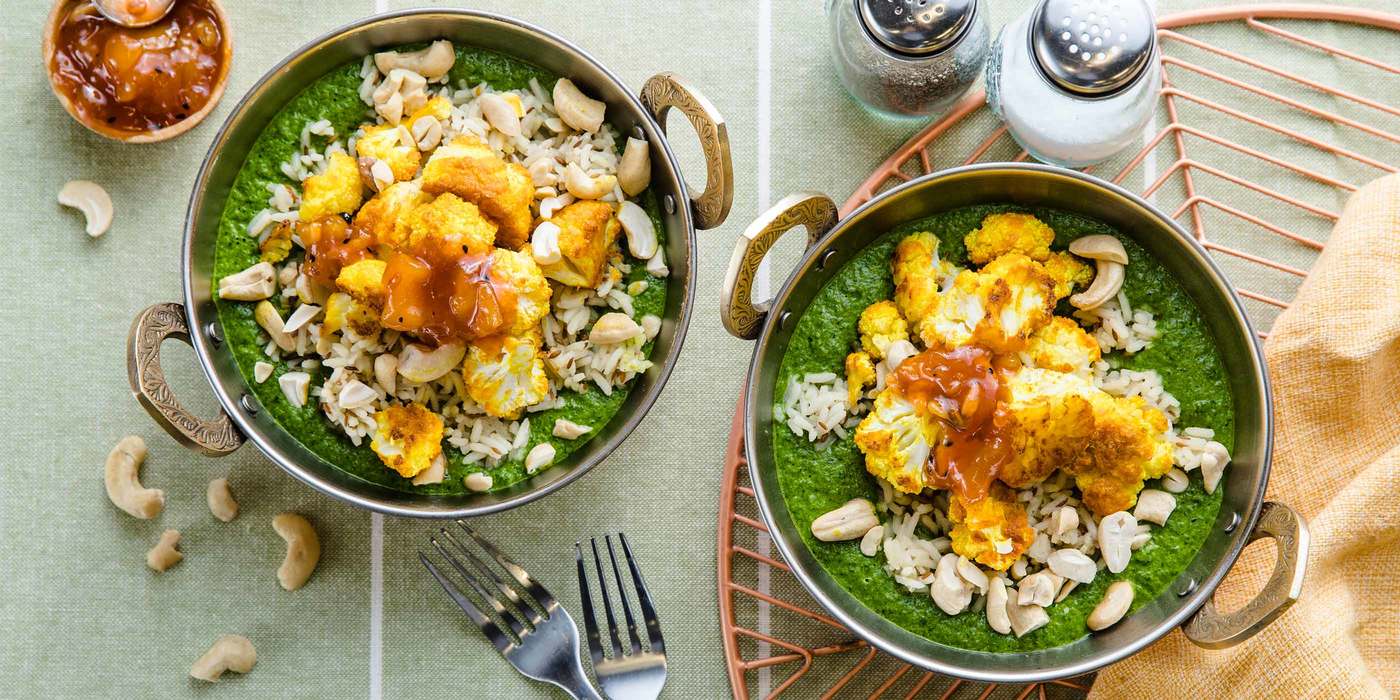 Roasted Cauliflower Saag with Cumin Rice & Mango Chutney Roasted Cauliflower Saag with Cumin Rice & Mango Chutney