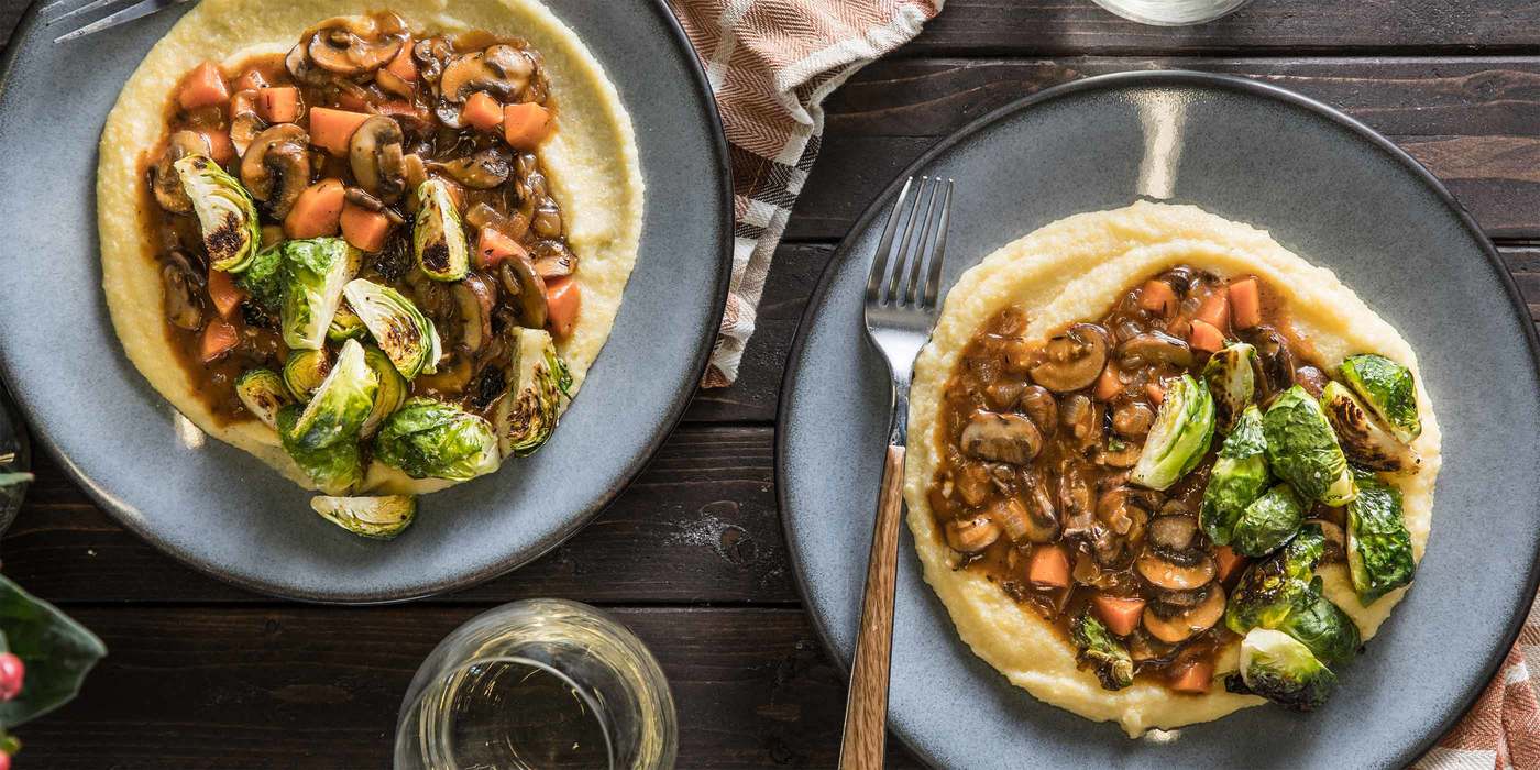 Mushroom Bourguignon with Creamy Polenta & Roasted Brussels Sprouts Mushroom Bourguignon with Creamy Polenta & Roasted Brussels Sprouts