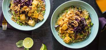 Yellow Curry Tofu Bowls with Cilantro Lime Quinoa & Edamame