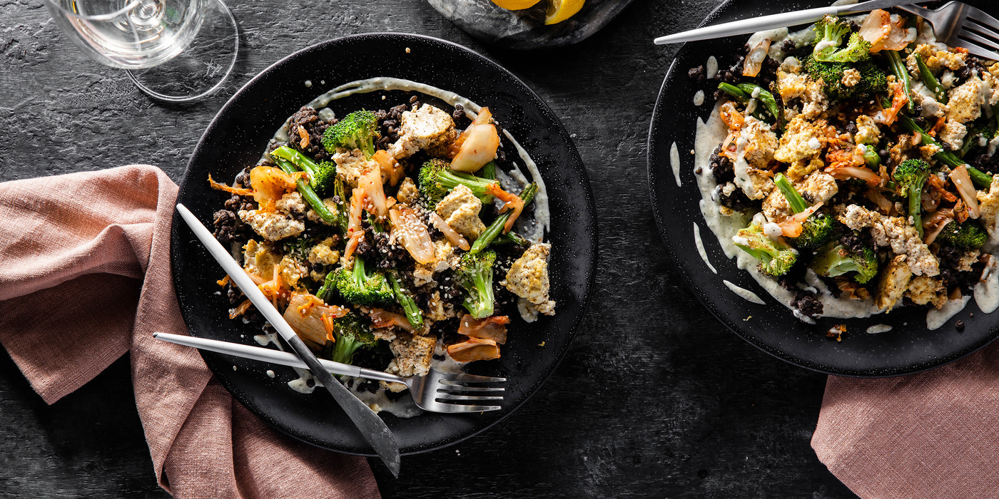 Crispy Sheet Pan Tofu with Beluga Lentils & Miso Power Dressing Crispy Sheet Pan Tofu with Beluga Lentils & Miso Power Dressing