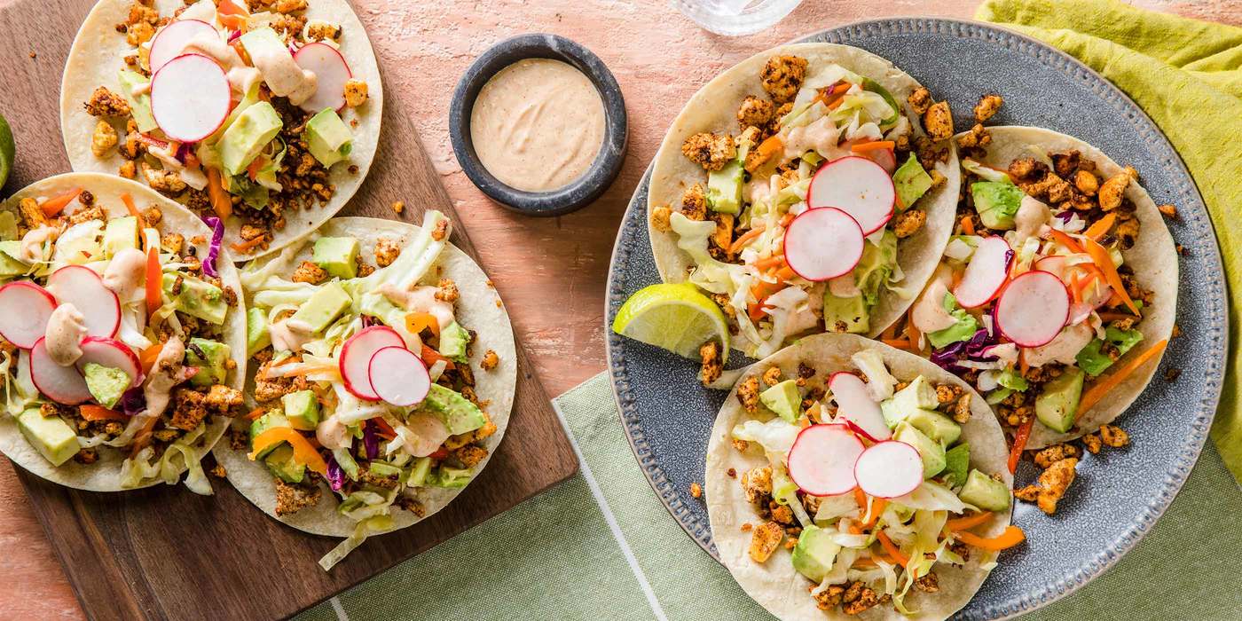Tofu Chorizo Tacos with Sweet Pepper Slaw & Zesty Aioli Tofu Chorizo Tacos with Sweet Pepper Slaw & Zesty Aioli