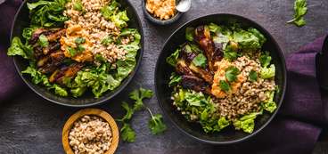 Miso Glazed Eggplant Bowl with Farro & Kimchi Mayo