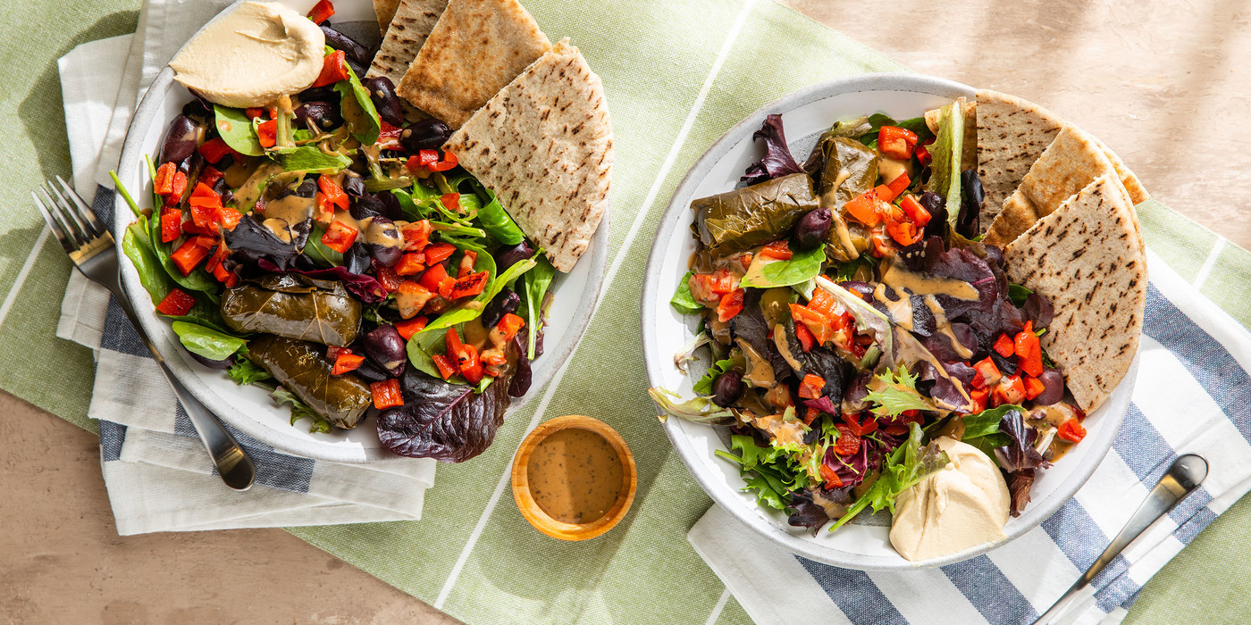 Greek Mezze Bowl with Stuffed Grape Leaves & Whole Wheat Pita Greek Mezze Bowl with Stuffed Grape Leaves & Whole Wheat Pita