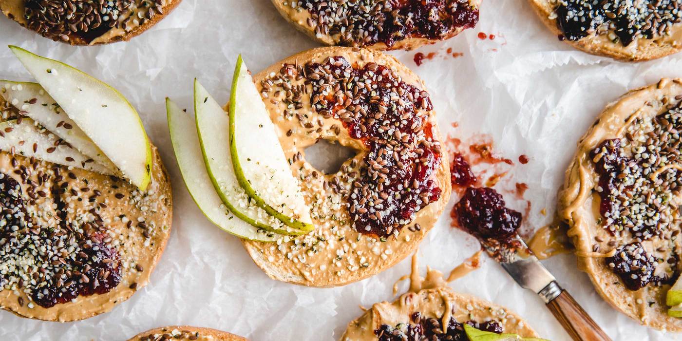 Cashew Butter Bagels with Sour Cherry Preserves & Flaxseeds Cashew Butter Bagels with Sour Cherry Preserves & Flaxseeds