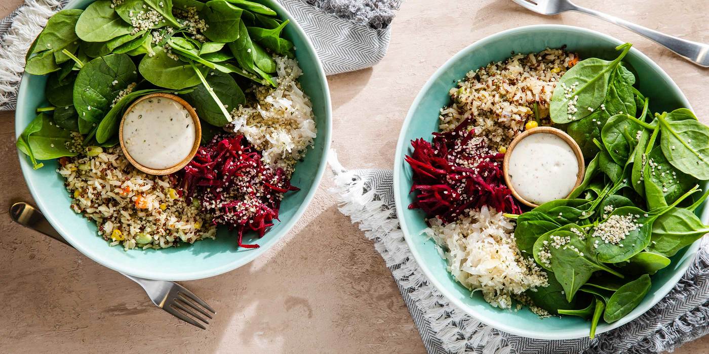 Pro-Power Bowl with Sauerkraut & Creamy Garlic Dressing Pro-Power Bowl with Sauerkraut & Creamy Garlic Dressing