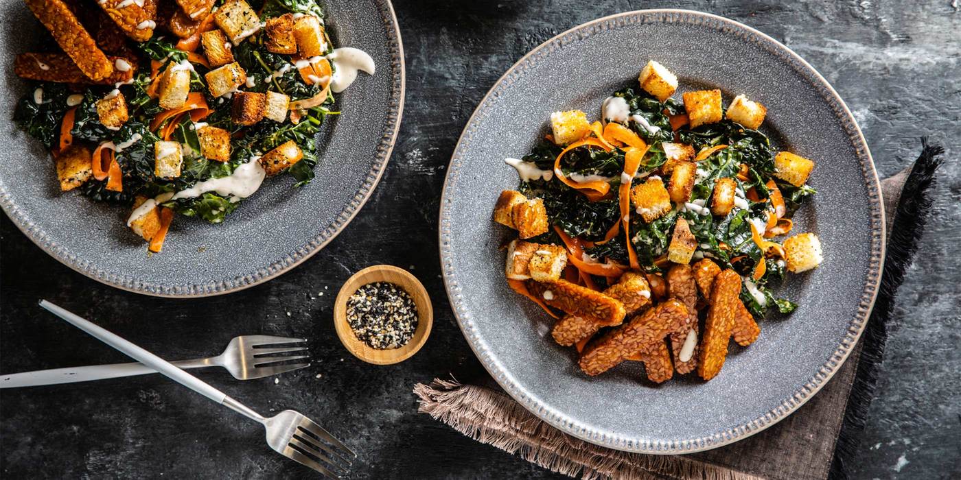 Kale Caesar with Tempeh Bacon & Everything Bagel Croutons Kale Caesar with Tempeh Bacon & Everything Bagel Croutons