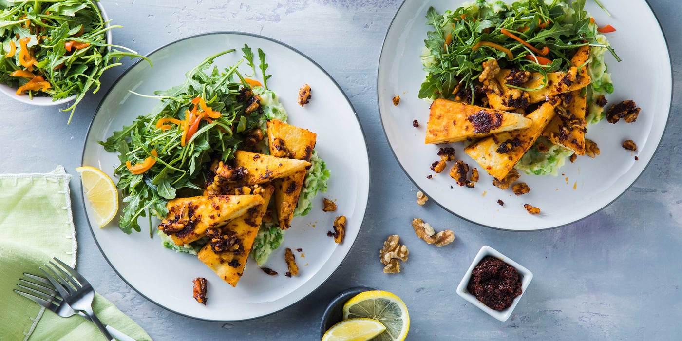 Sticky Harissa Tofu with Sweet Pea Mash & Pickled Peppers Sticky Harissa Tofu with Sweet Pea Mash & Pickled Peppers