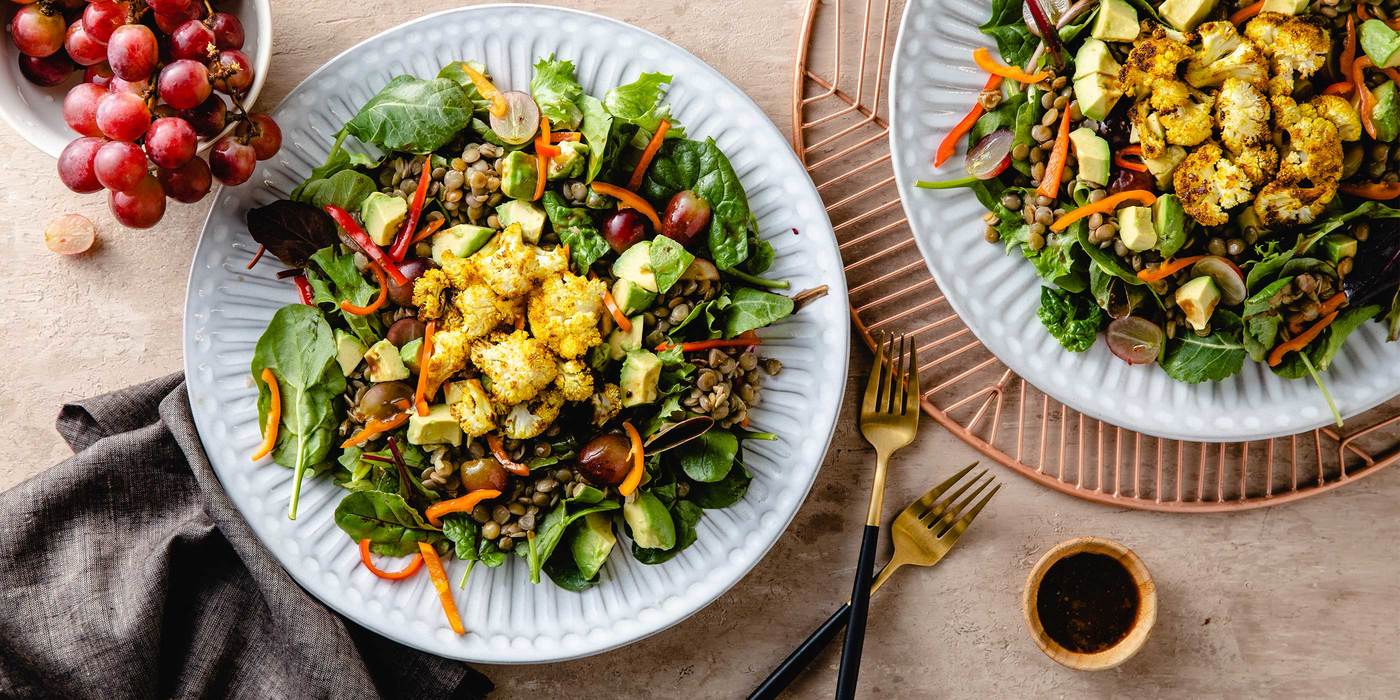 Roasted Cauliflower Lentil Bowl with Avocado & Curried Balsamic Vinaigrette Roasted Cauliflower Lentil Bowl with Avocado & Curried Balsamic Vinaigrette