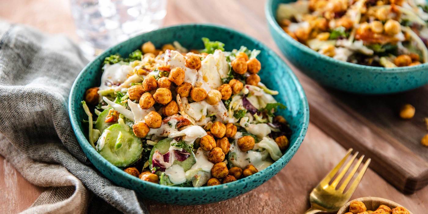 Kale Caesar Salad with Roasted Tomatoes & Crunchy Chickpeas Kale Caesar Salad with Roasted Tomatoes & Crunchy Chickpeas