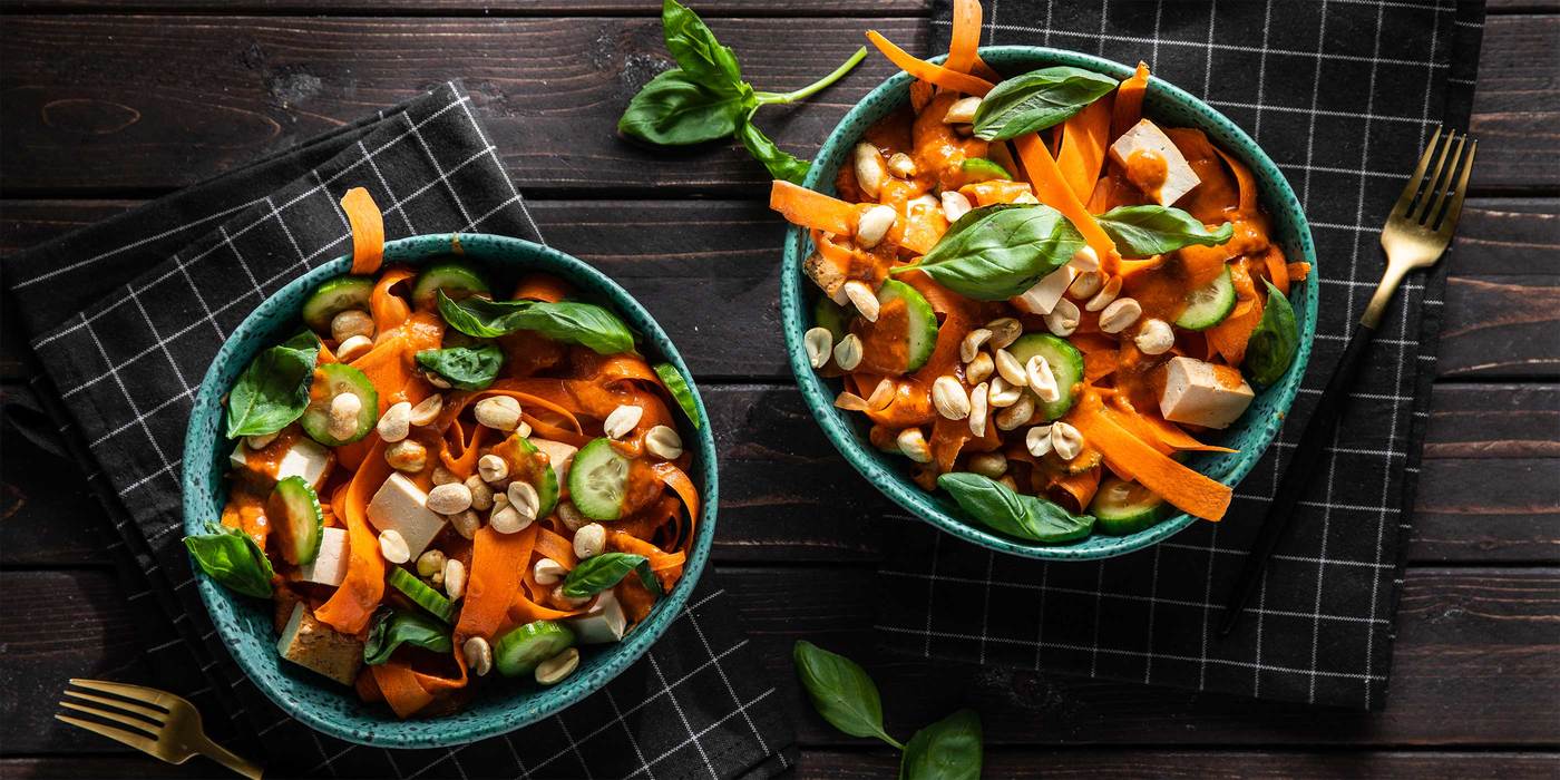 Red Curry Carrot Noodle Bowl with Baked Tofu & Fresh Basil Red Curry Carrot Noodle Bowl with Baked Tofu & Fresh Basil