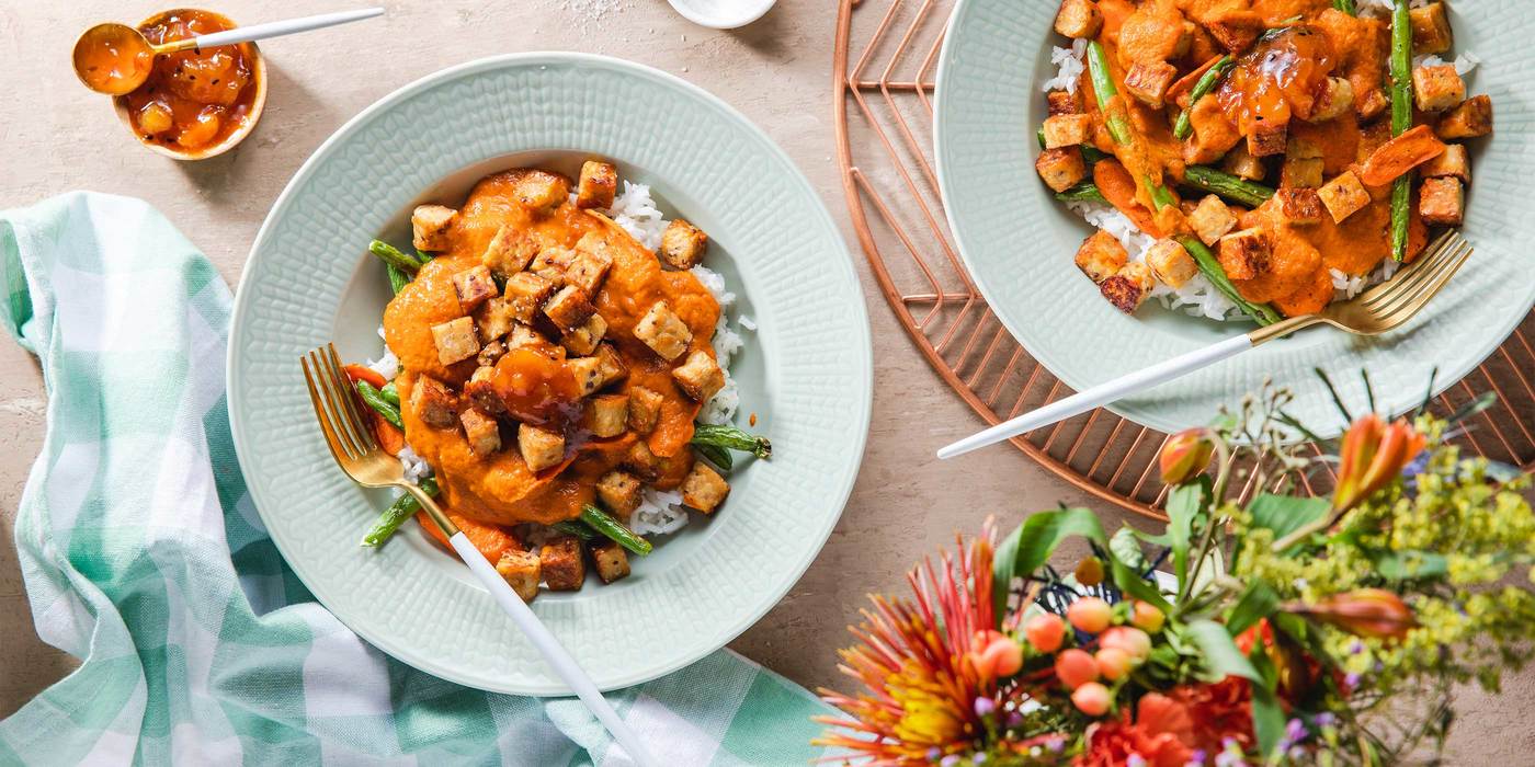 Tempeh Vegetable Korma with Basmati Rice & Mango Chutney Tempeh Vegetable Korma with Basmati Rice & Mango Chutney