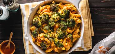 Cavatappi Mac N' Cheese with Buffalo Roasted Broccoli