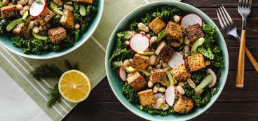 Za’atar Tofu with Lemony Cannellini Beans & Kale Radish Slaw