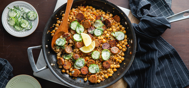368 173 vegan mediterraneanskilletwithapplesagesausageandtzatzikicucumbersalad horizontal