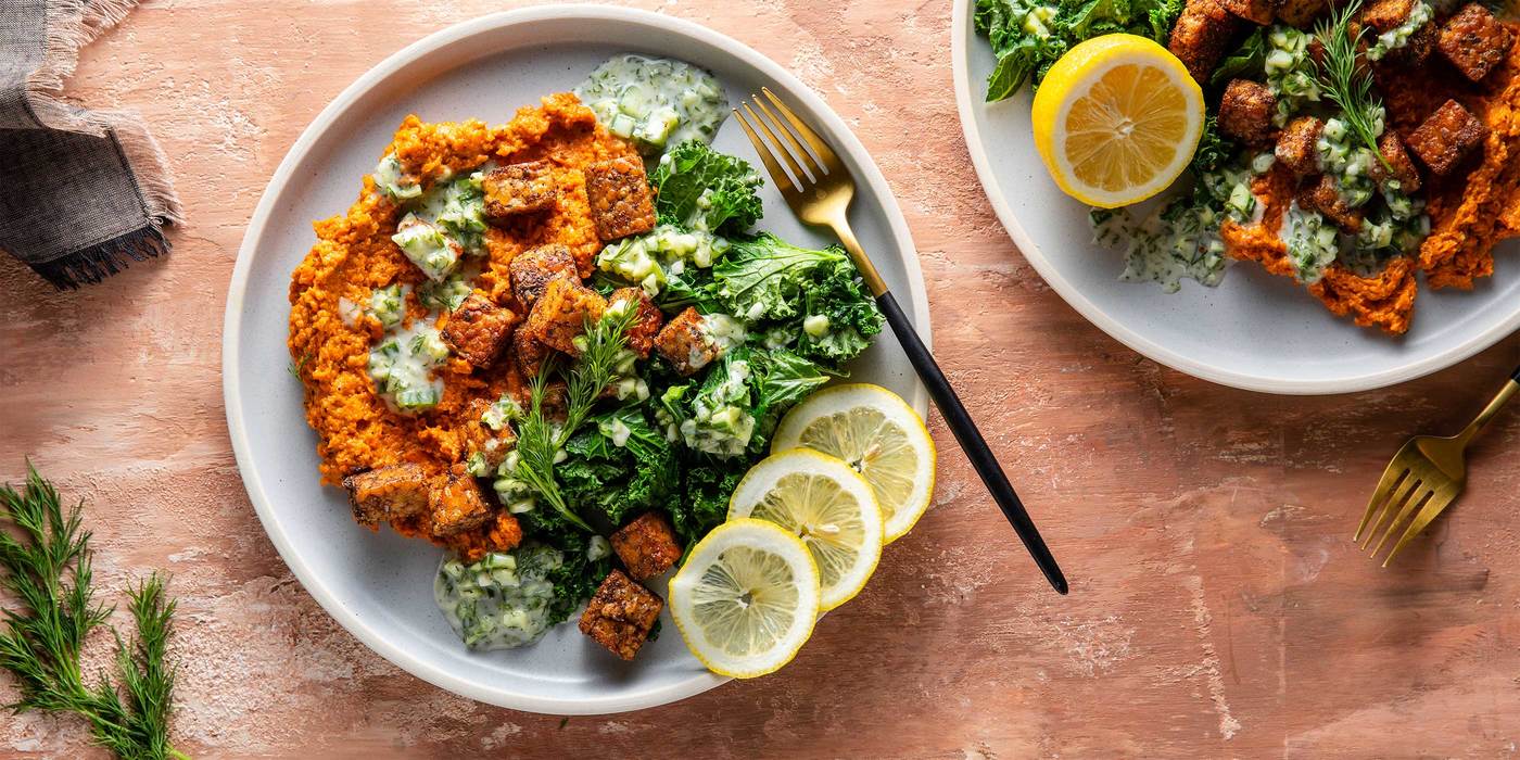 Baharat Spiced Tempeh with Carrot Puree & Tzatziki Sauce Baharat Spiced Tempeh with Carrot Puree & Tzatziki Sauce