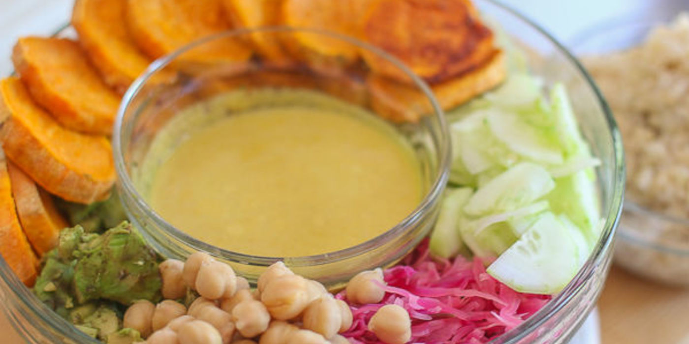 Kale Macro Bowl with Quick Pickled Cabbage and Turmeric-Tahini Dressing Kale Macro Bowl with Quick Pickled Cabbage and Turmeric-Tahini Dressing