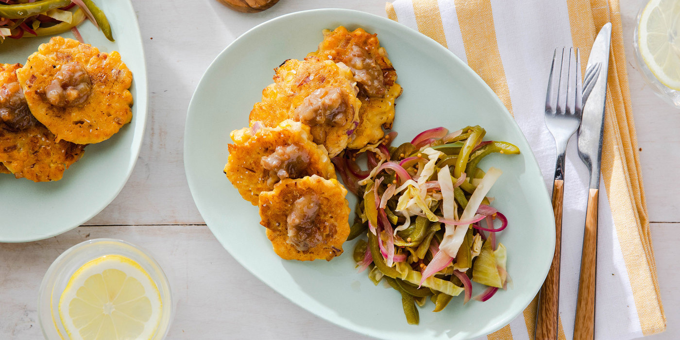 Southern-Style Corn Fritters with Chowchow Slaw & Date Butter Southern-Style Corn Fritters with Chowchow Slaw & Date Butter