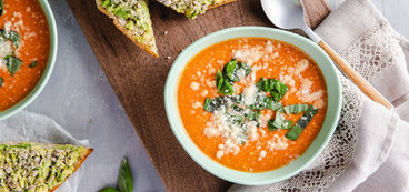 Creamy Tomato Soup with Basil & Seeded Avocado Toast