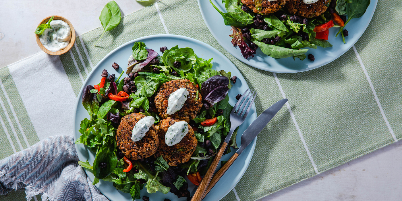 Black Bean Tempeh Patties with Basil Mayo & Green Salad Black Bean Tempeh Patties with Basil Mayo & Green Salad