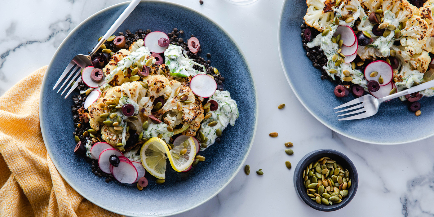 Greek-Style Cauliflower Steaks with Tzatziki Sauce & Beluga Lentils Greek-Style Cauliflower Steaks with Tzatziki Sauce & Beluga Lentils